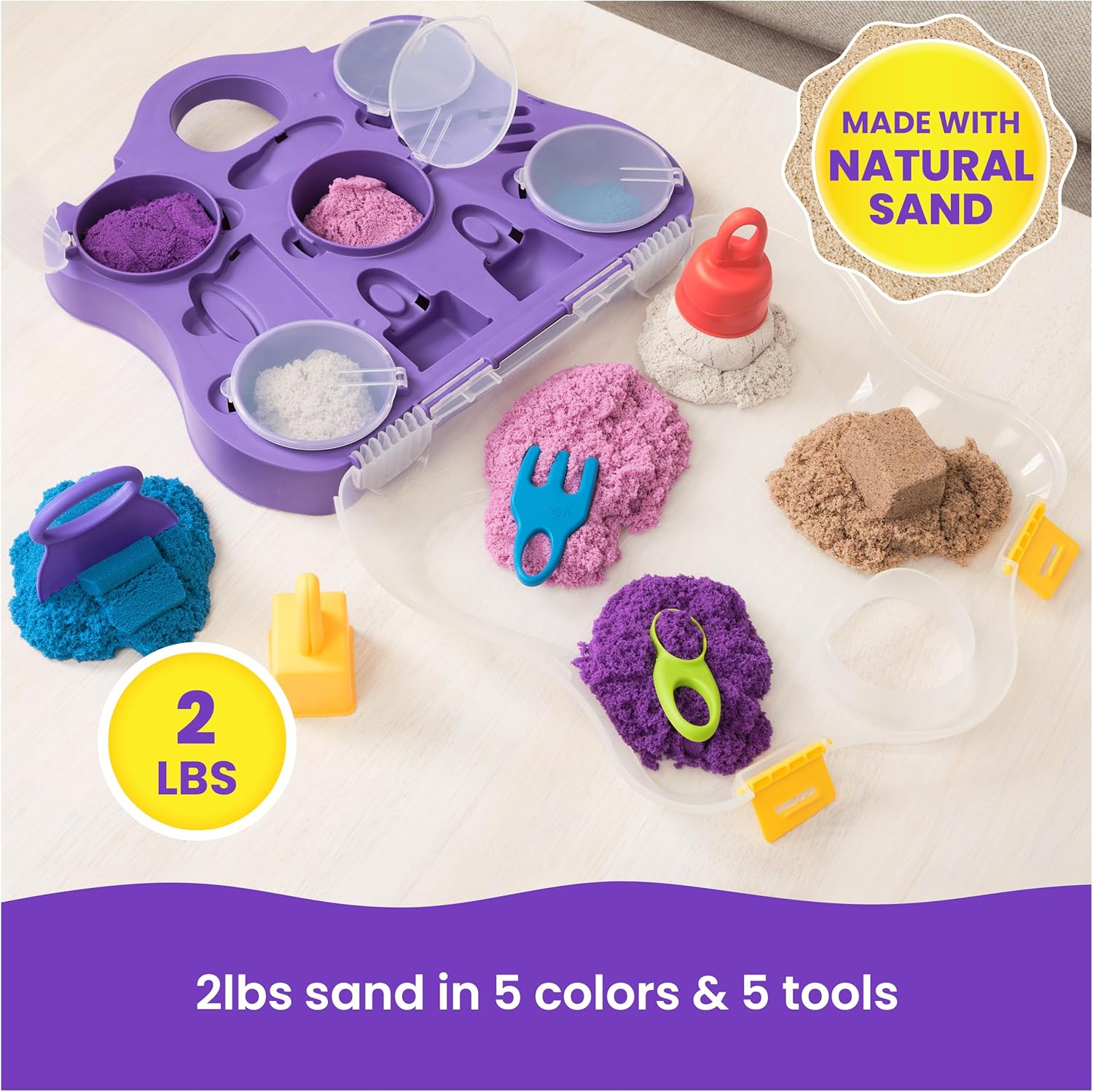 Alternative view of Kinetic Sand, Variety Case with 2lbs Play Sand (Beach, Neon & Shimmer) & 5 Tools, Reusable Storage, Sensory Toys for Kids Ages 3 and up