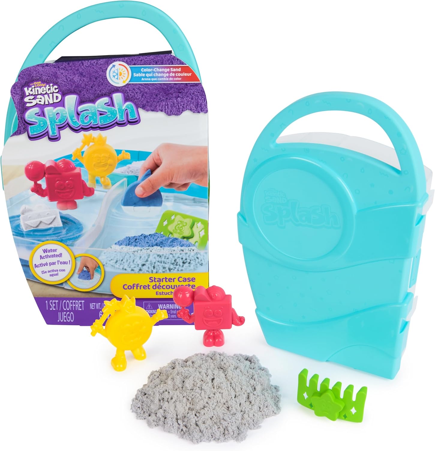 Kinetic Sand, Splash Starter Case with 6oz Color-Change Play Sand, 3 Tools & Molds, Reusable Storage, Sensory Toys, Holiday Gifts & Stocking Stuffers for Kids Ages 3 and up