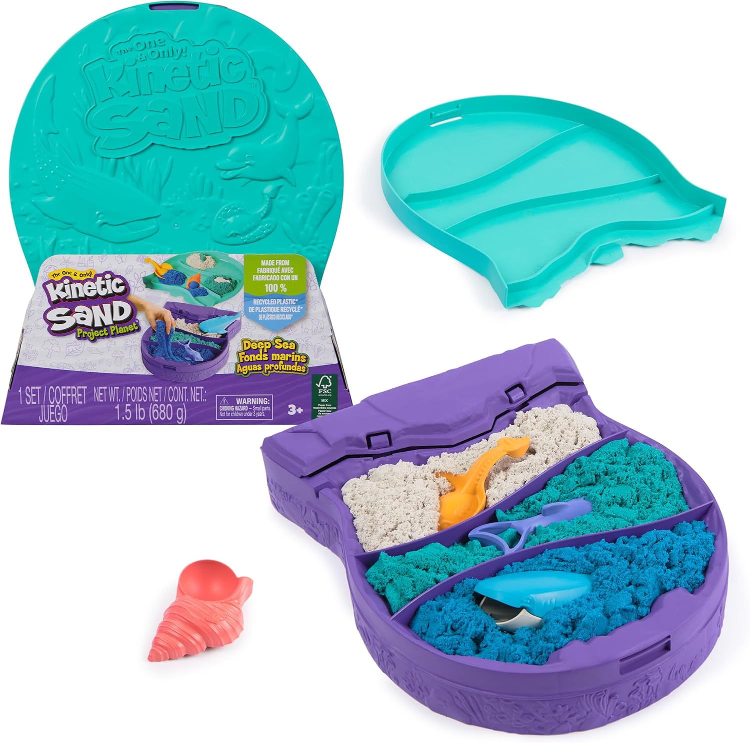 Kinetic Sand, Project Planet Deep Sea with 24oz Sensory Play Sand & Sea Creature Tools, Sustainably Minded Eco Friendly Materials, Holiday Gifts & Stocking Stuffers for Kids Ages 3 and up