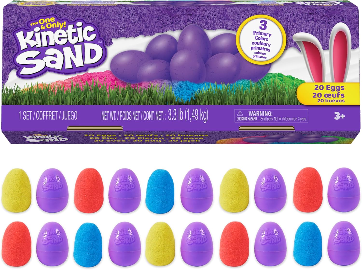 Kinetic Sand, 20-Pack Eggs with 3.3lbs Red, Yellow & Blue Play Sand for Egg Hunts, Party Favors & Goodie Bags, Sensory Toys for Kids Ages 3 and up