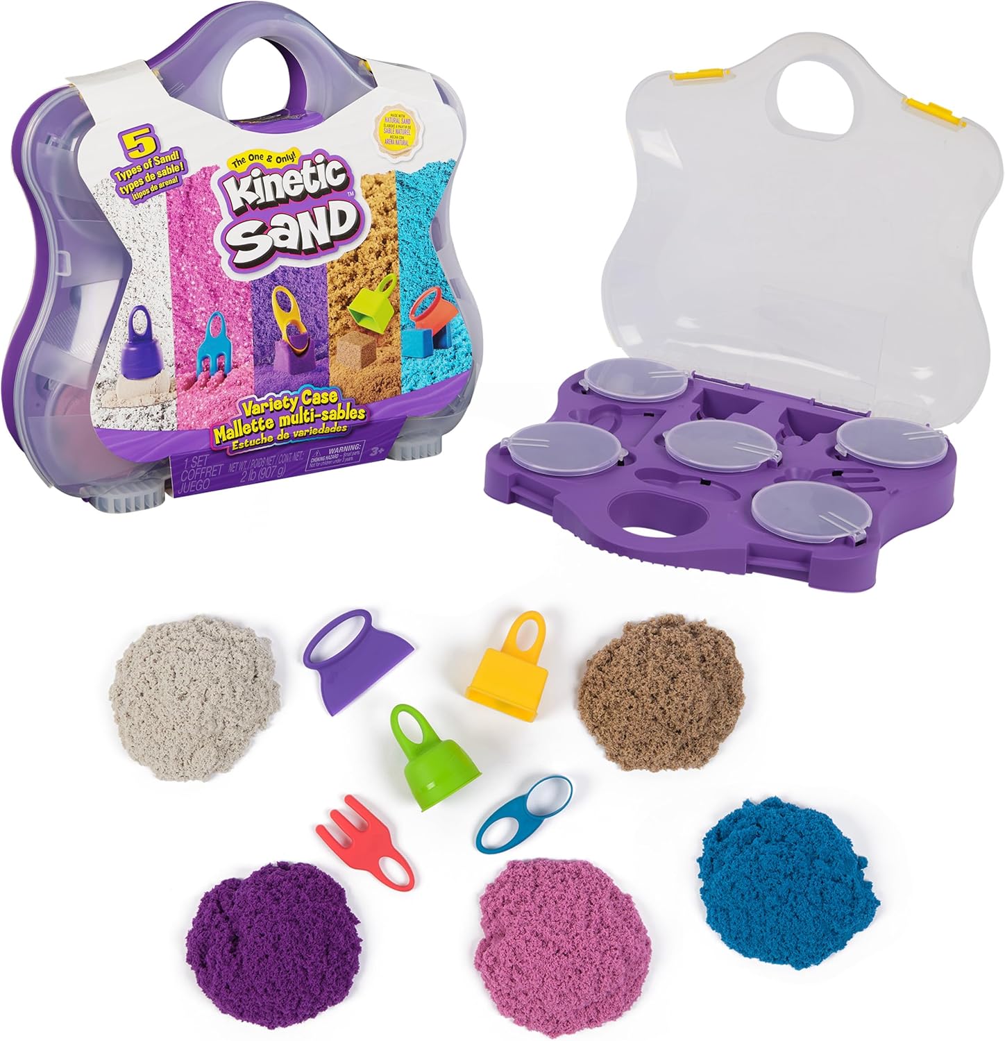 Kinetic Sand, Variety Case with 2lbs Play Sand (Beach, Neon & Shimmer) & 5 Tools, Reusable Storage, Sensory Toys for Kids Ages 3 and up