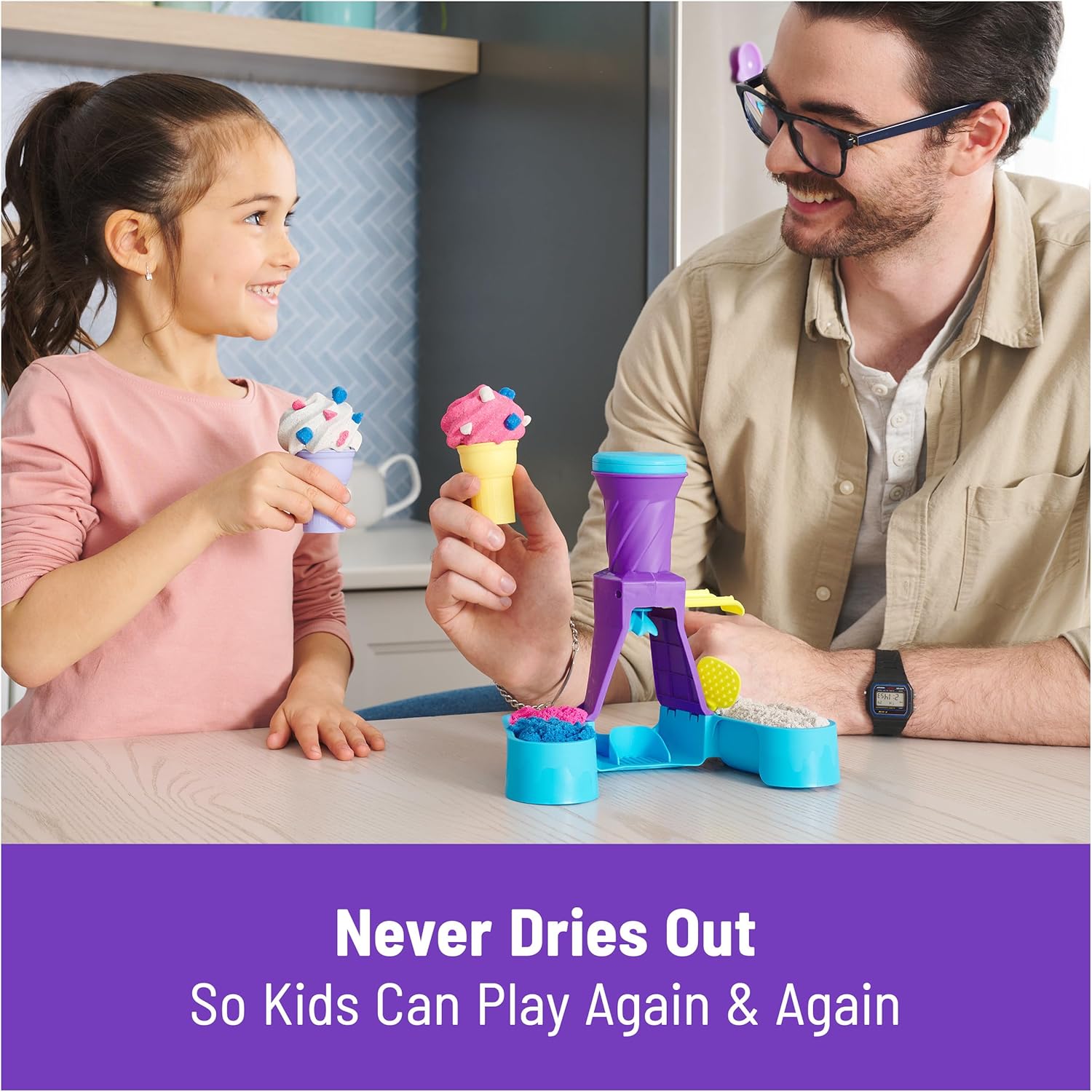 Kinetic Sand, Soft Serve Station with 14oz Play Sand (Blue, Pink & White), 2 Ice Cream Cones & 2 Tools, Sensory Toys for Kids Ages 5 and up - Image 6