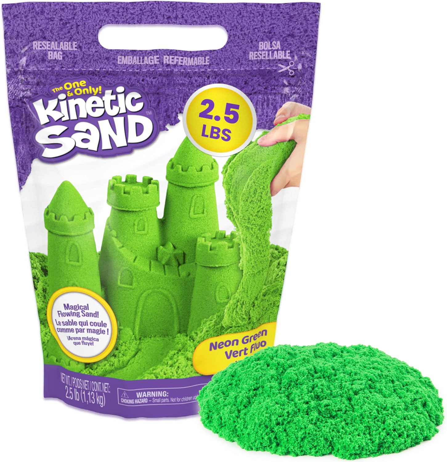 Kinetic Sand, 2.5lbs Green Play Sand, Amazon Exclusive, Moldable Sensory Toys for Kids, Resealable Bag (Packaging May Vary), for Ages 3 and up