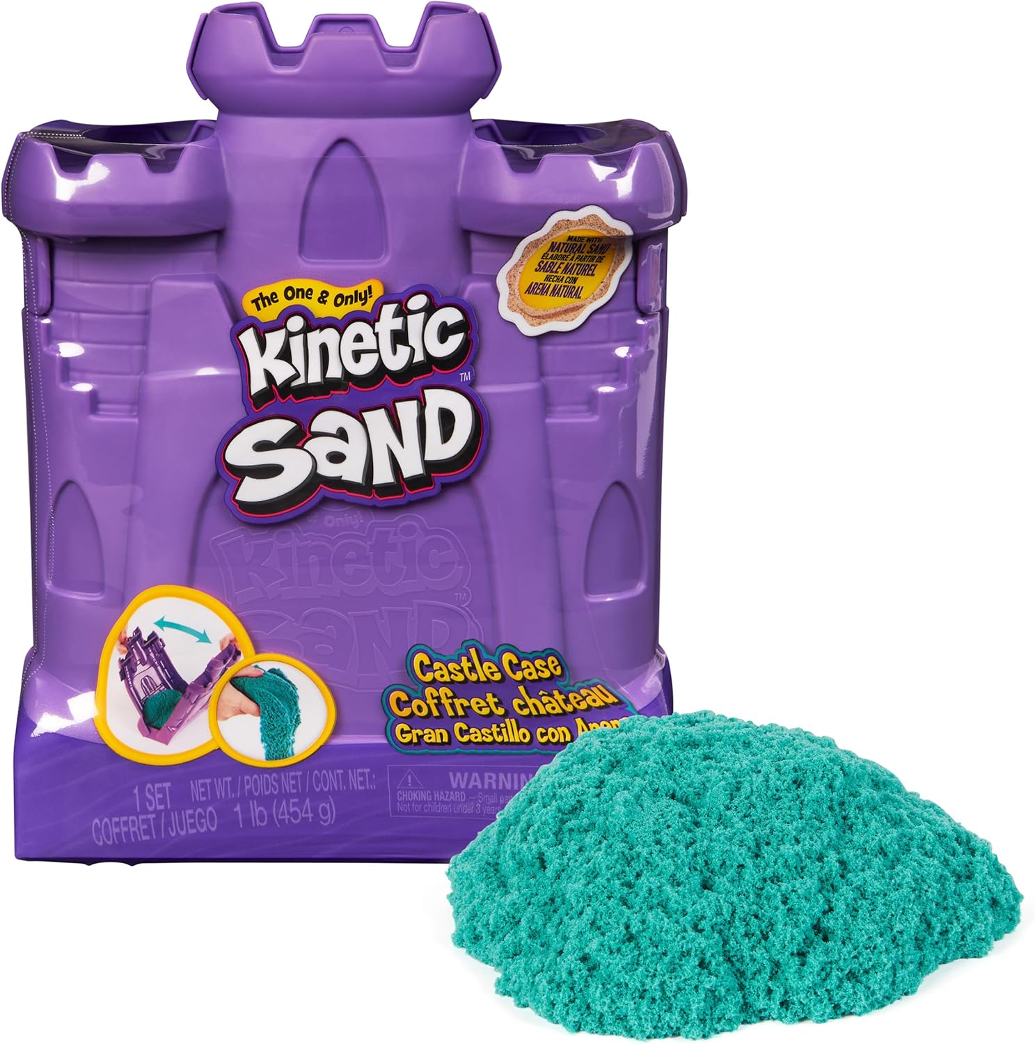 Kinetic Sand, Castle Case with 1lb Teal Play Sand & Storage Container, Sensory Toys, Holiday Gifts & Stocking Stuffers for Kids Ages 3 and up