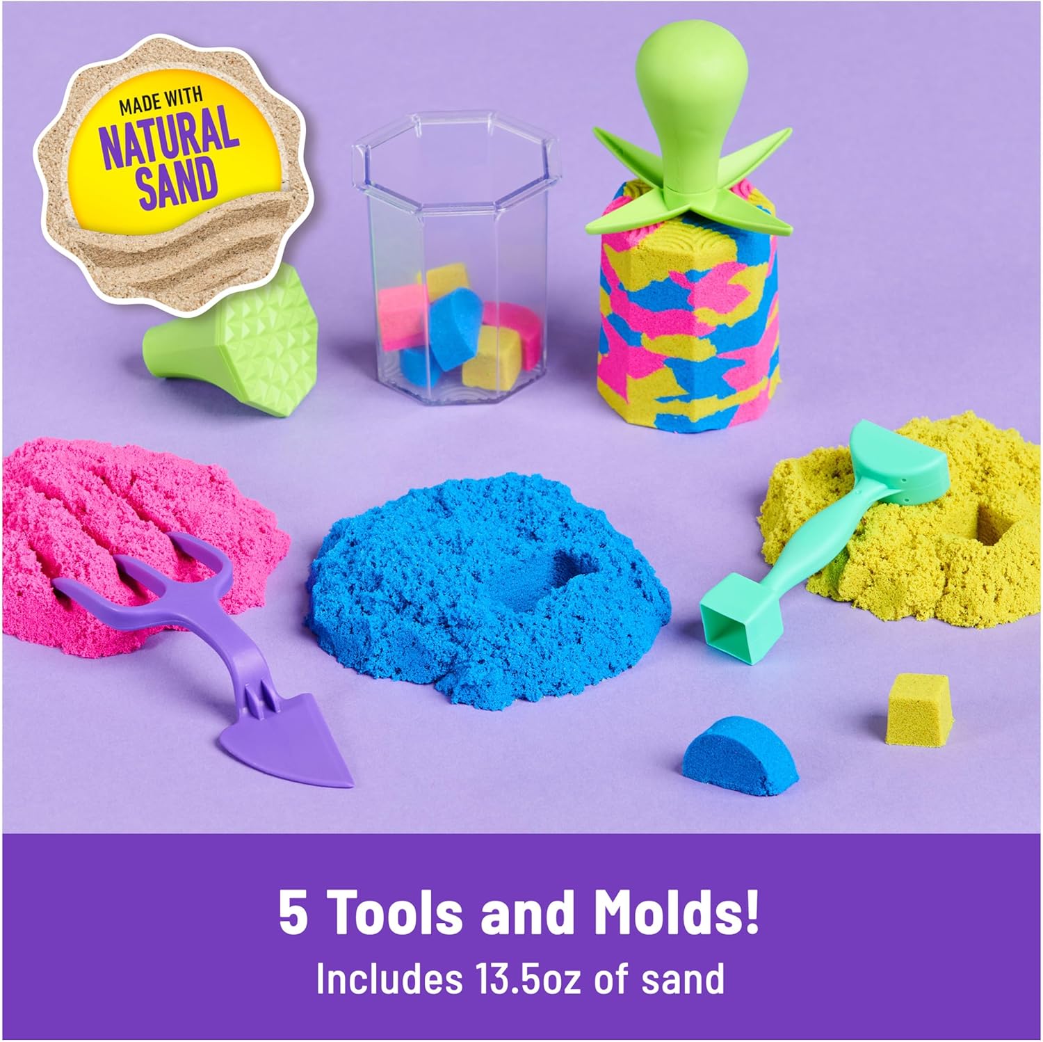 Alternative view of Kinetic Sand, Squish N’ Create Playset with 13.5oz Blue, Yellow & Pink Play Sand, 5 Tools, Sensory Toys for Kids Ages 3 and up
