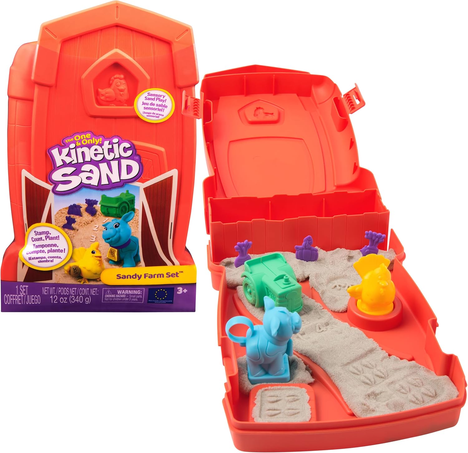 Kinetic Sand, Sandy Farm Set with 12oz Play Sand, 6 Tools & Molds, Reusable Barn Storage Case, Toddler Toys, Kids Toys for Girls & Boys Ages 3 and up