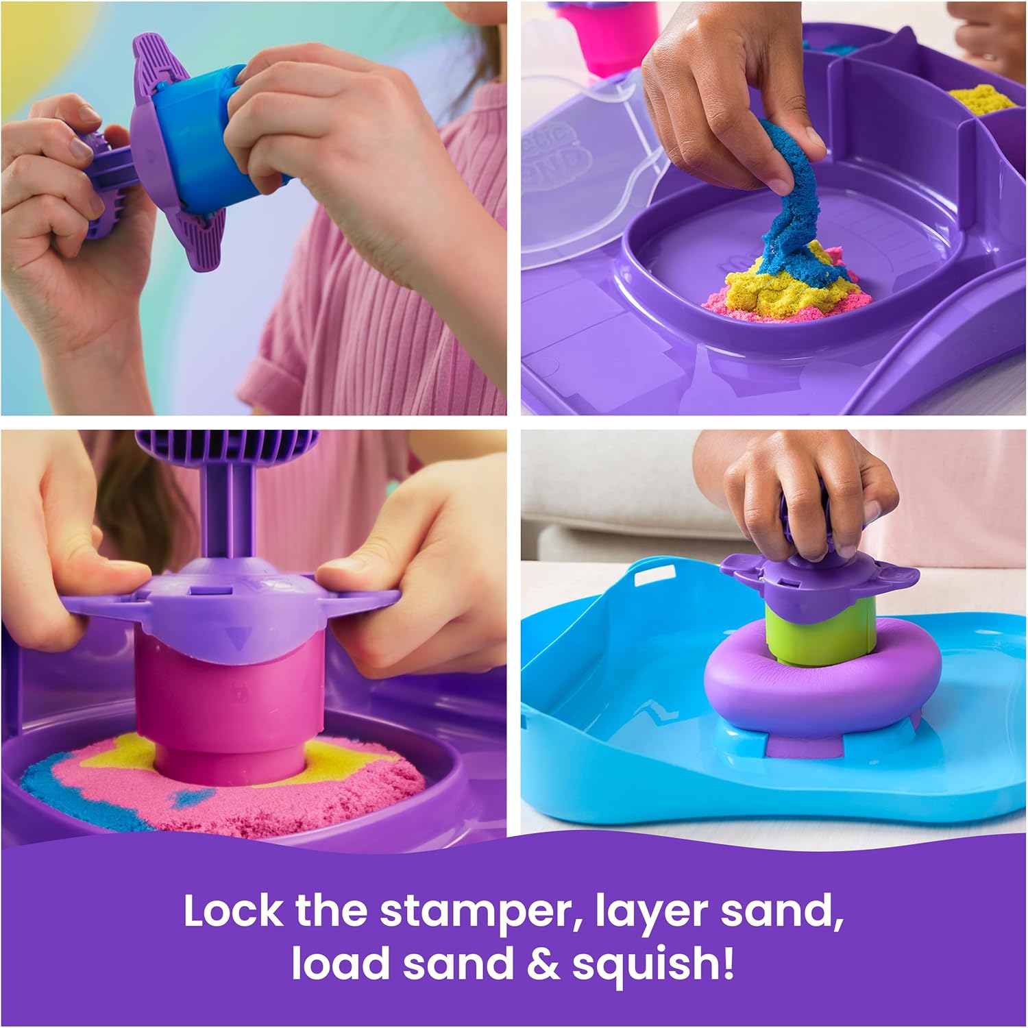 Kinetic Sand, SquishMotion with 1lb Pink, Yellow & Blue Play Sand, Stamper & 5 Tools, Storage Case, Sensory Toys for Kids Ages 5 and up - Image 4