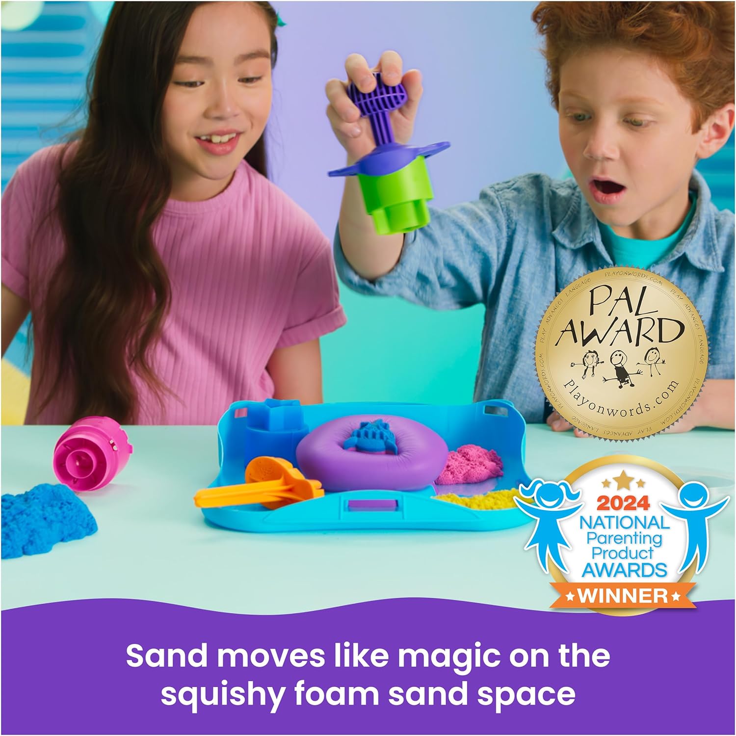 Alternative view of Kinetic Sand, SquishMotion with 1lb Pink, Yellow & Blue Play Sand, Stamper & 5 Tools, Storage Case, Sensory Toys for Kids Ages 5 and up