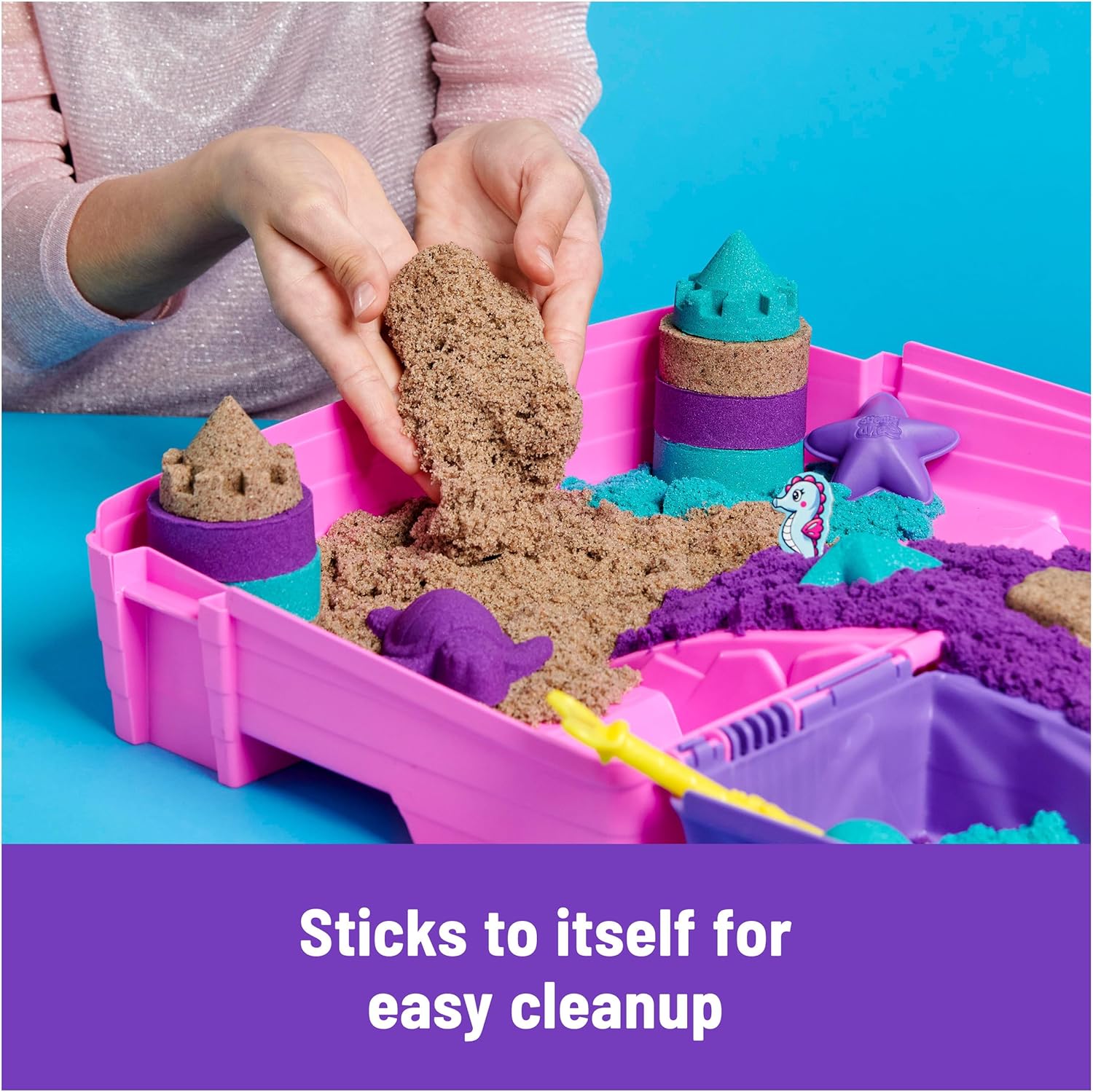 Kinetic Sand, Mermaid Palace Playset with 2.06lbs Play Sand (Neon Purple, Shimmer Teal & Beach), Tools & Folding Sandbox, Sensory Toys for Kids - Image 5