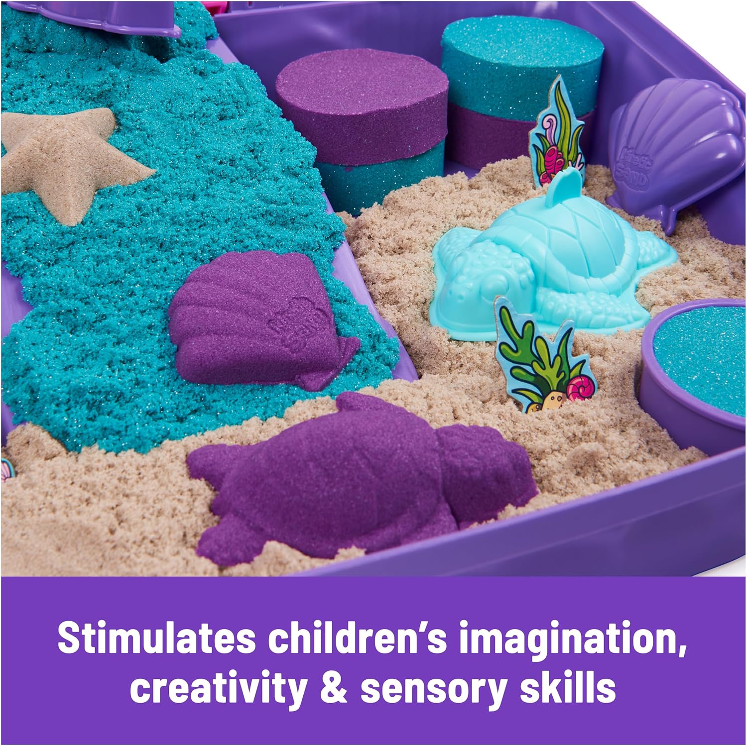 Kinetic Sand, Mermaid Palace Playset with 2.06lbs Play Sand (Neon Purple, Shimmer Teal & Beach), Tools & Folding Sandbox, Sensory Toys for Kids - Image 6