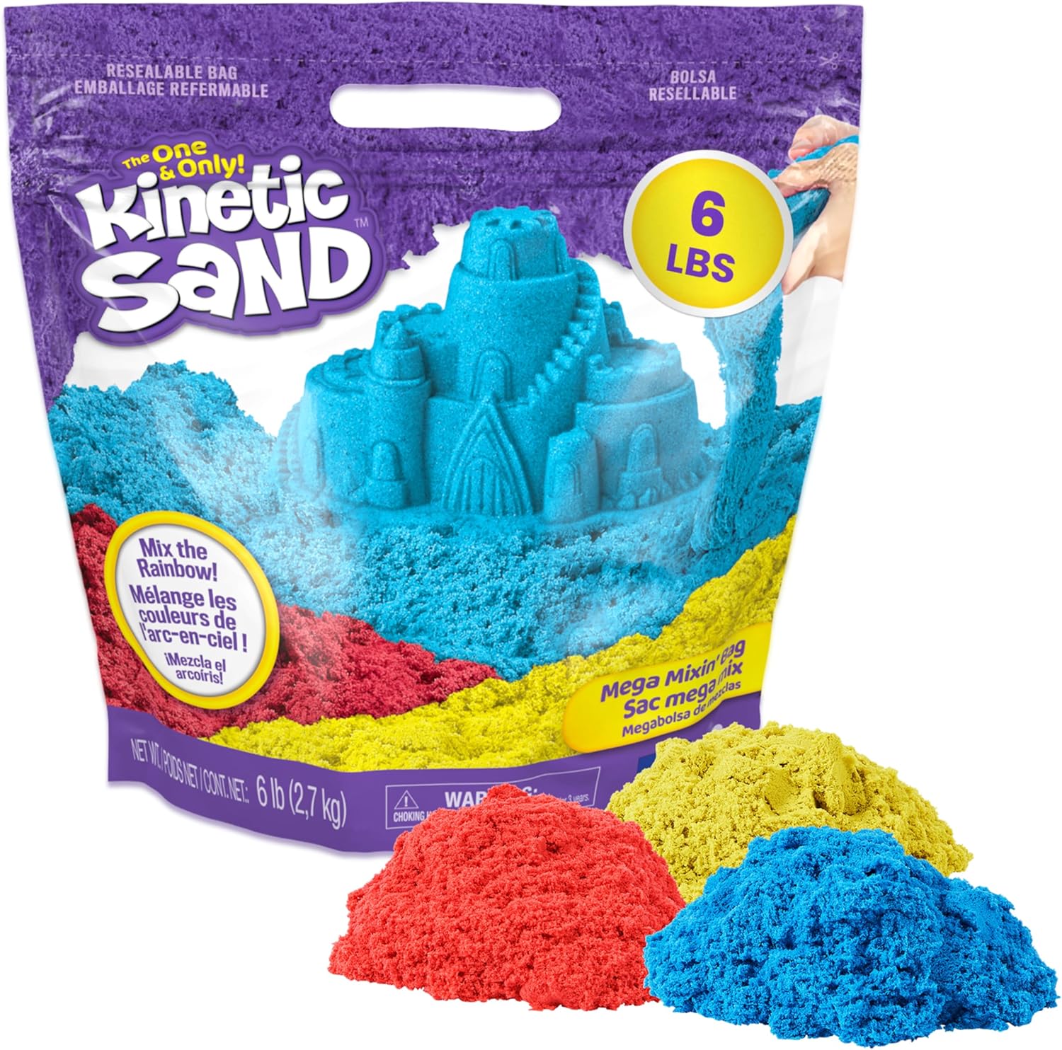 Kinetic Sand, 6lbs Mega Mixin’ Bag with Red, Yellow & Blue Play Sand, Amazon Exclusive (Packaging May Vary), Sensory Toys for Kids Ages 3 and up