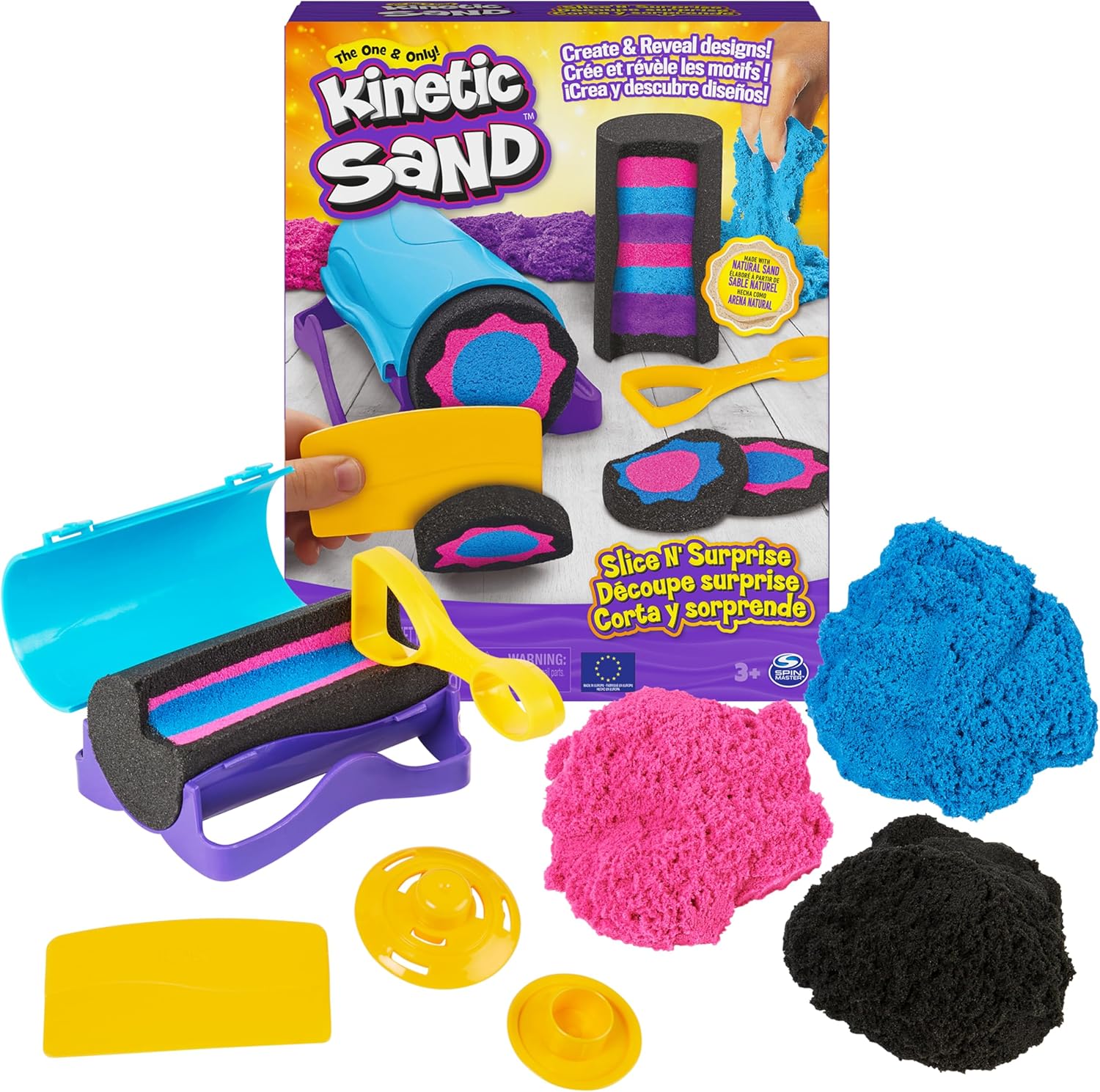 Kinetic Sand, Slice N’ Surprise Set with 13.5oz of Black, Pink and Blue Play Sand and 7 Tools, Sensory Toys for Kids Ages 3 and up