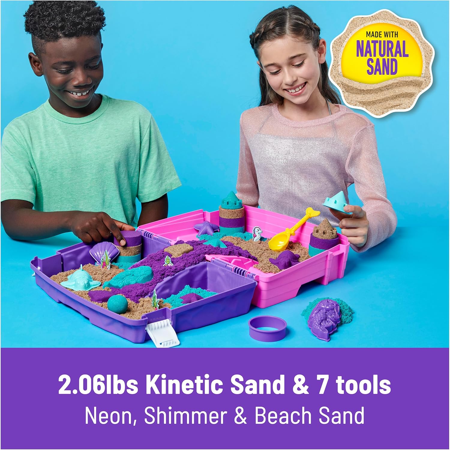 Alternative view of Kinetic Sand, Mermaid Palace Playset with 2.06lbs Play Sand (Neon Purple, Shimmer Teal & Beach), Tools & Folding Sandbox, Sensory Toys for Kids