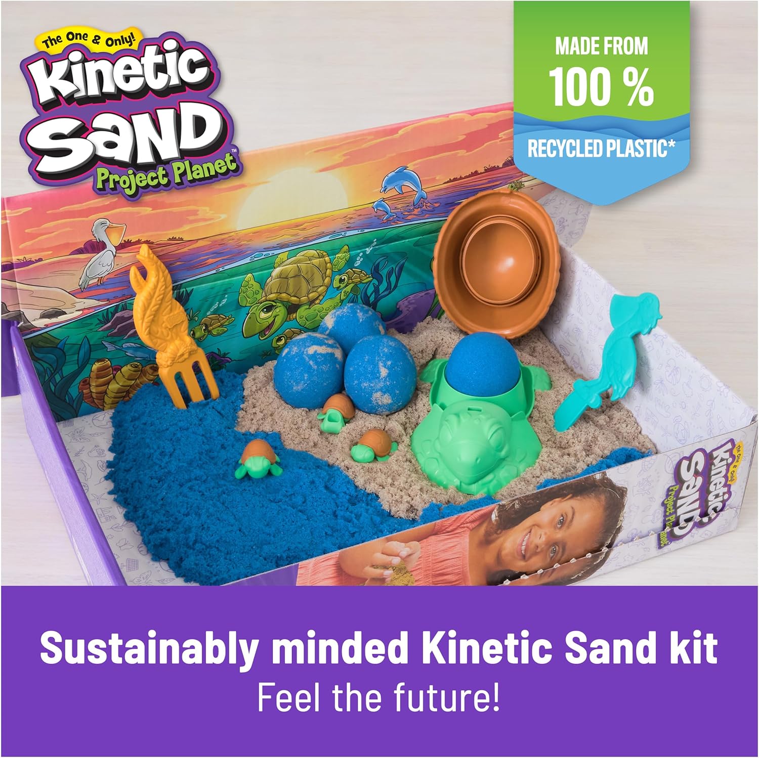 Kinetic Sand, Project Planet Turtle Beach with 14oz Play Sand, Tools & Molds, Sustainably Minded Eco Friendly Materials, Sensory Toys for Kids - Image 4