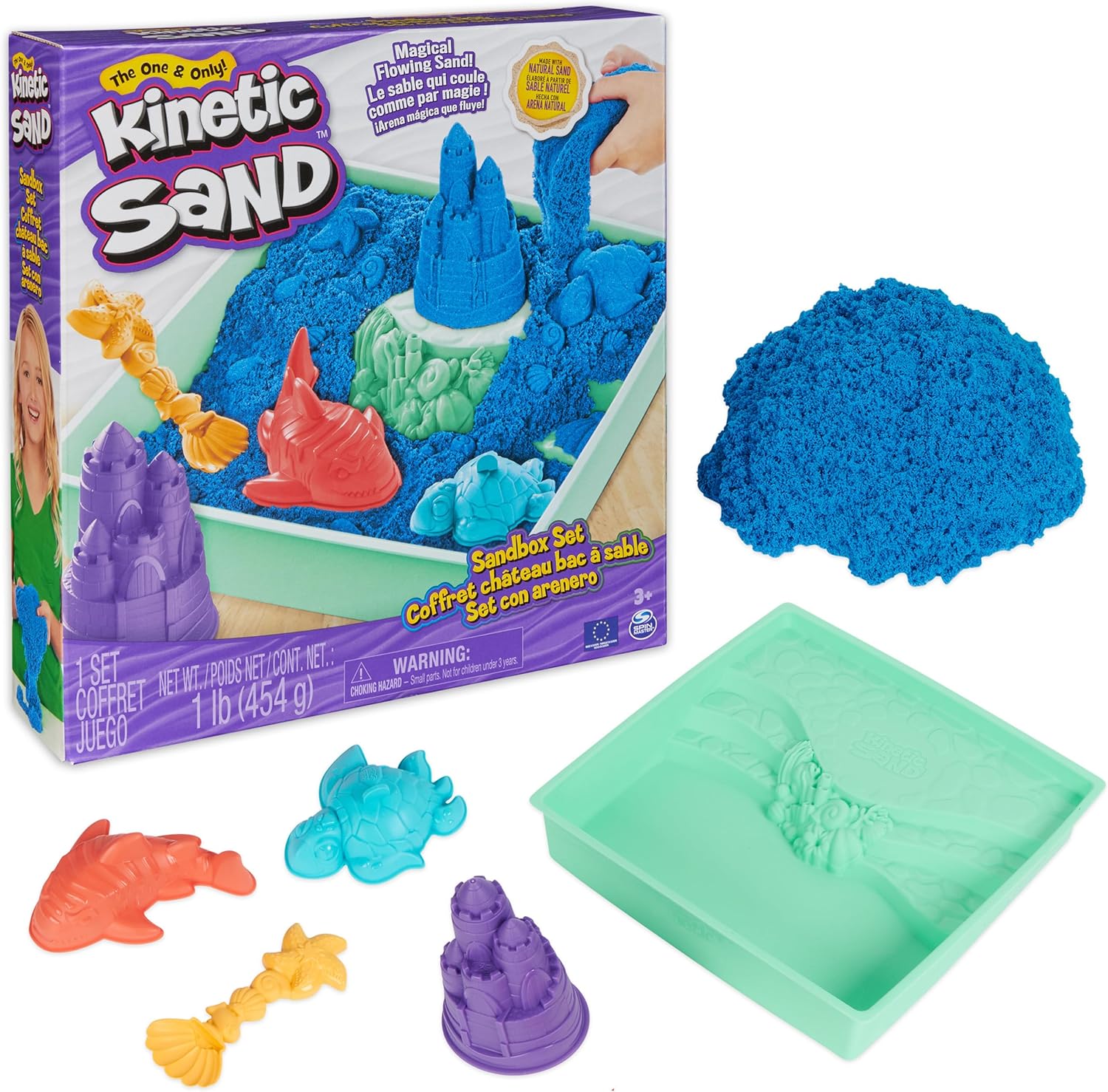 Kinetic Sand, Sandbox Set with 1lb Blue Play Sand, 4 Tools & Molds, Storage, Sensory Toys for Kids Ages 3 and up