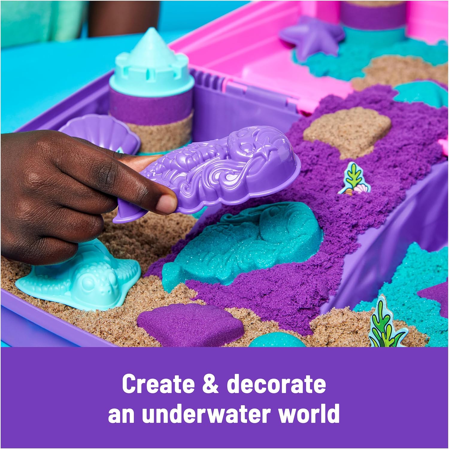 Kinetic Sand, Mermaid Palace Playset with 2.06lbs Play Sand (Neon Purple, Shimmer Teal & Beach), Tools & Folding Sandbox, Sensory Toys for Kids - Image 3